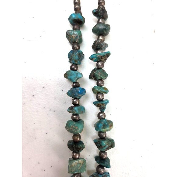Vintage Turquoise Silver Nugget Beaded Necklace Chunky Rustic Boho Slip On 92gr - Picture 6 of 10